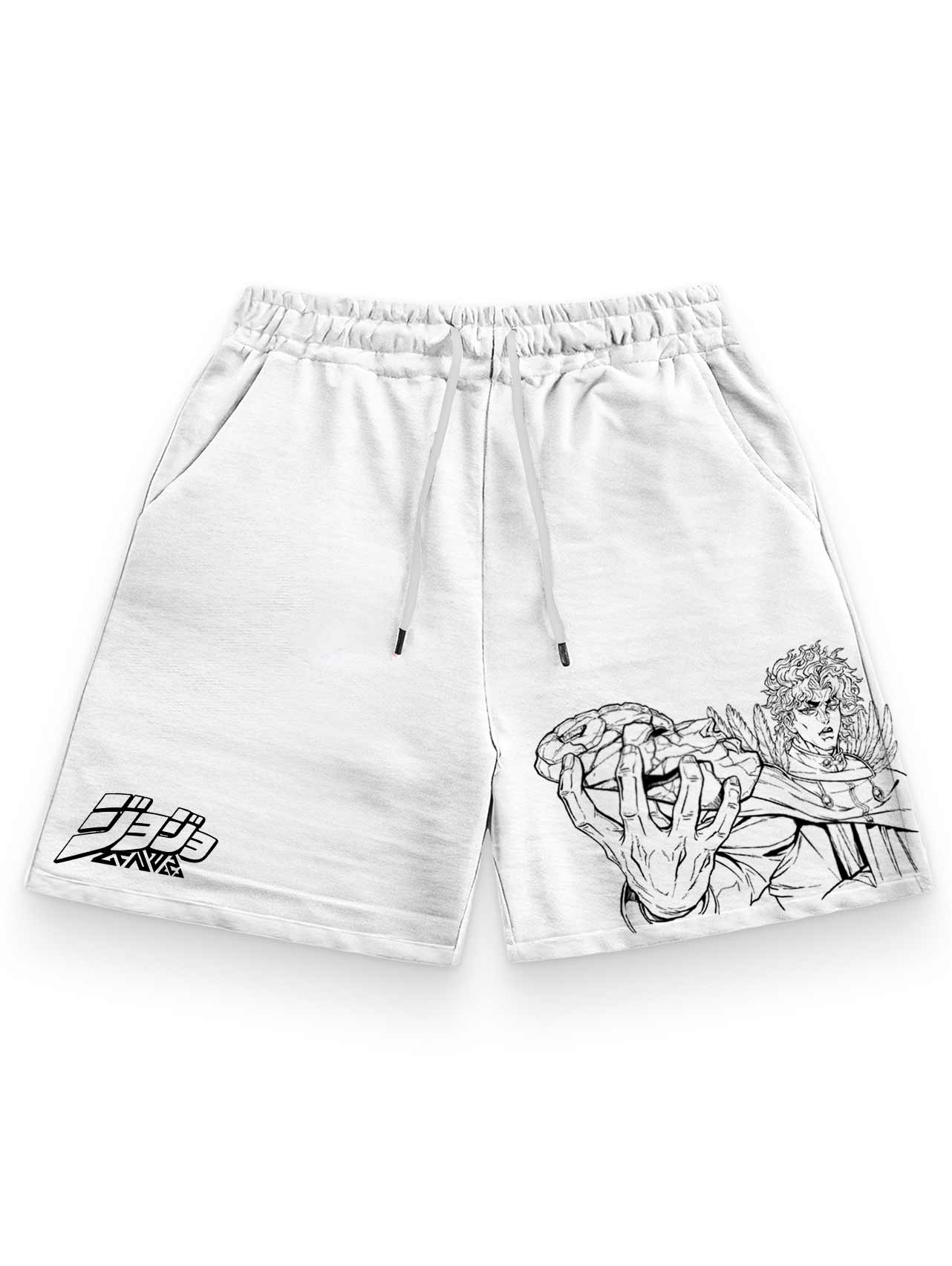 A shorts with anime-inspired design, blending manga shonen style with modern streetwear aesthetic.