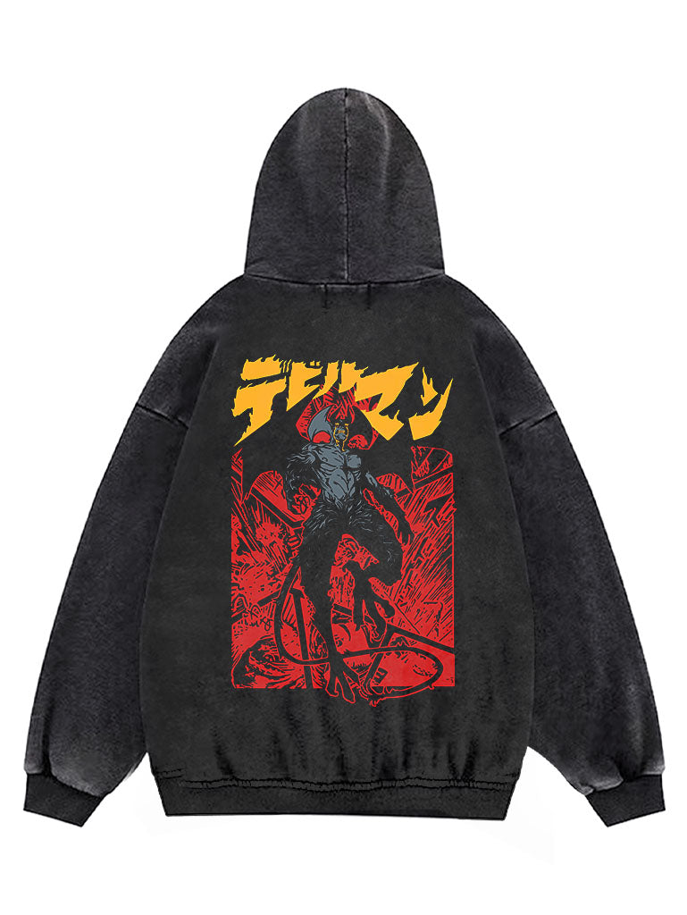 A hoodie with anime-inspired design, blending manga shonen style with modern streetwear aesthetic.