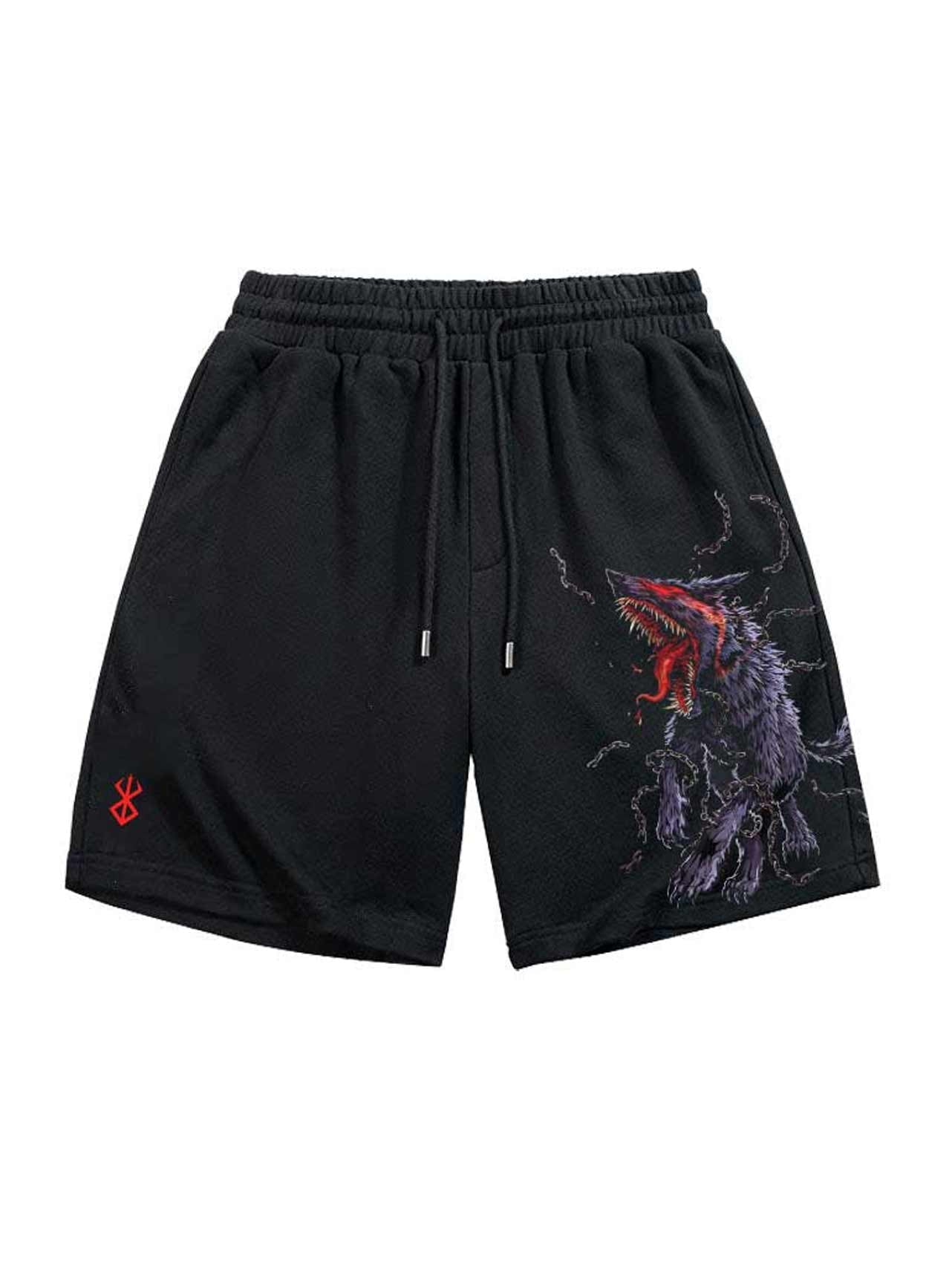 A shorts with anime-inspired design, blending manga shonen style with modern streetwear aesthetic.