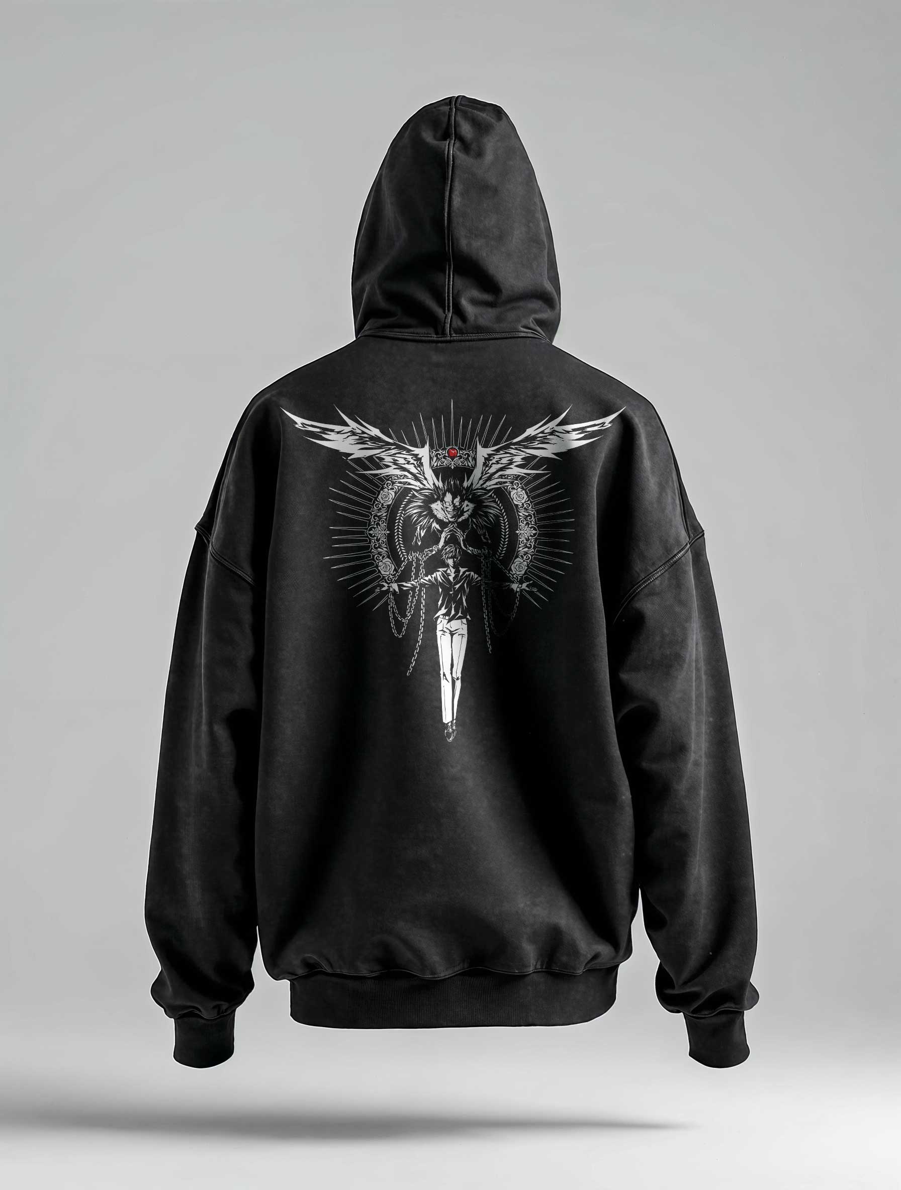 A hoodie with anime-inspired design, blending manga shonen style with modern streetwear aesthetic.