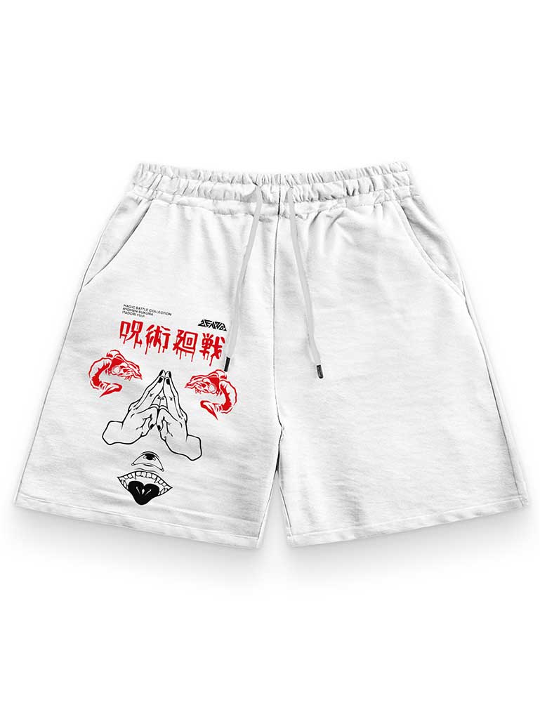 A shorts with anime-inspired design, blending manga shonen style with modern streetwear aesthetic.