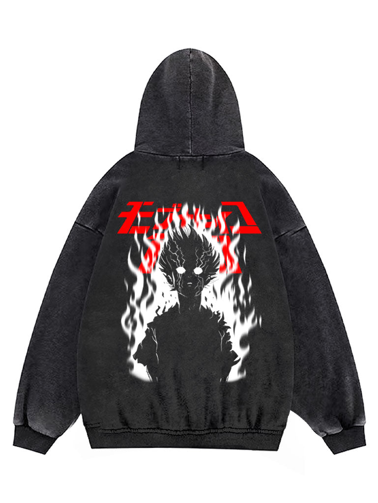 A hoodie with anime-inspired design, blending manga shonen style with modern streetwear aesthetic.