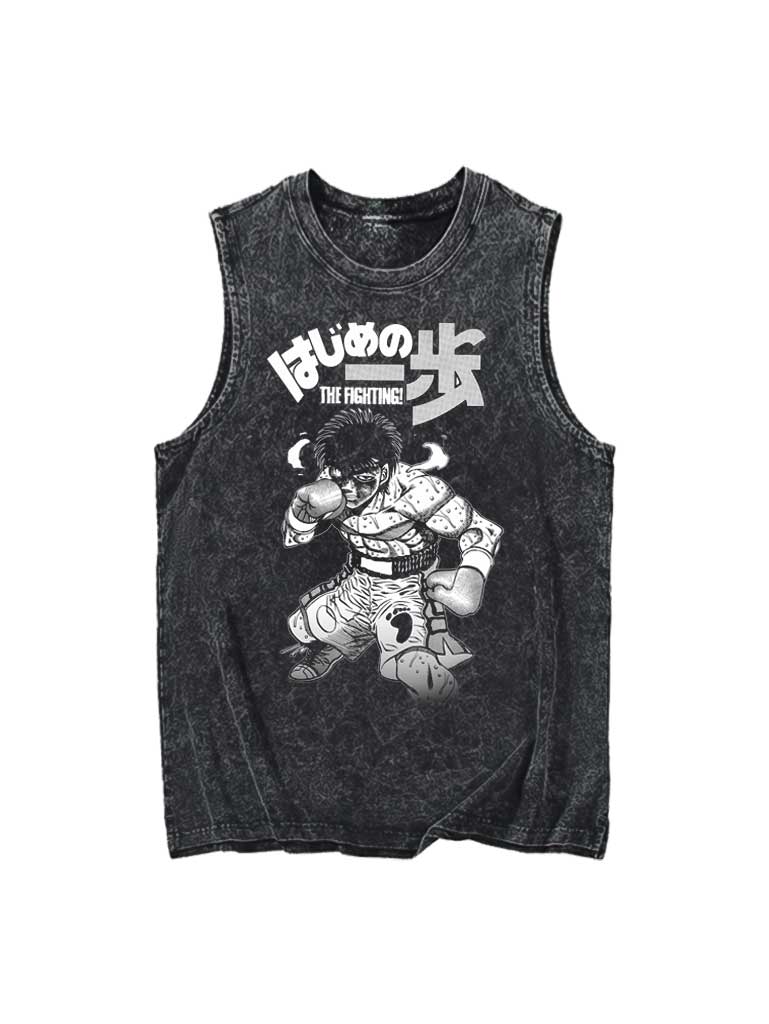 A tank top with anime-inspired design, blending manga shonen style with modern streetwear aesthetic.