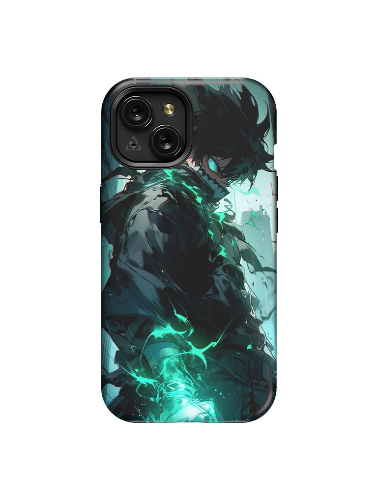 A phone case with anime-inspired design, blending manga shonen style with modern streetwear aesthetic.