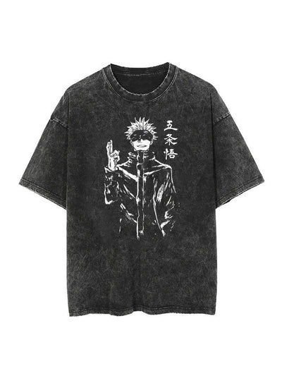 anime-inspired tee with blindfolded sorcerer polaroid vintage tee design