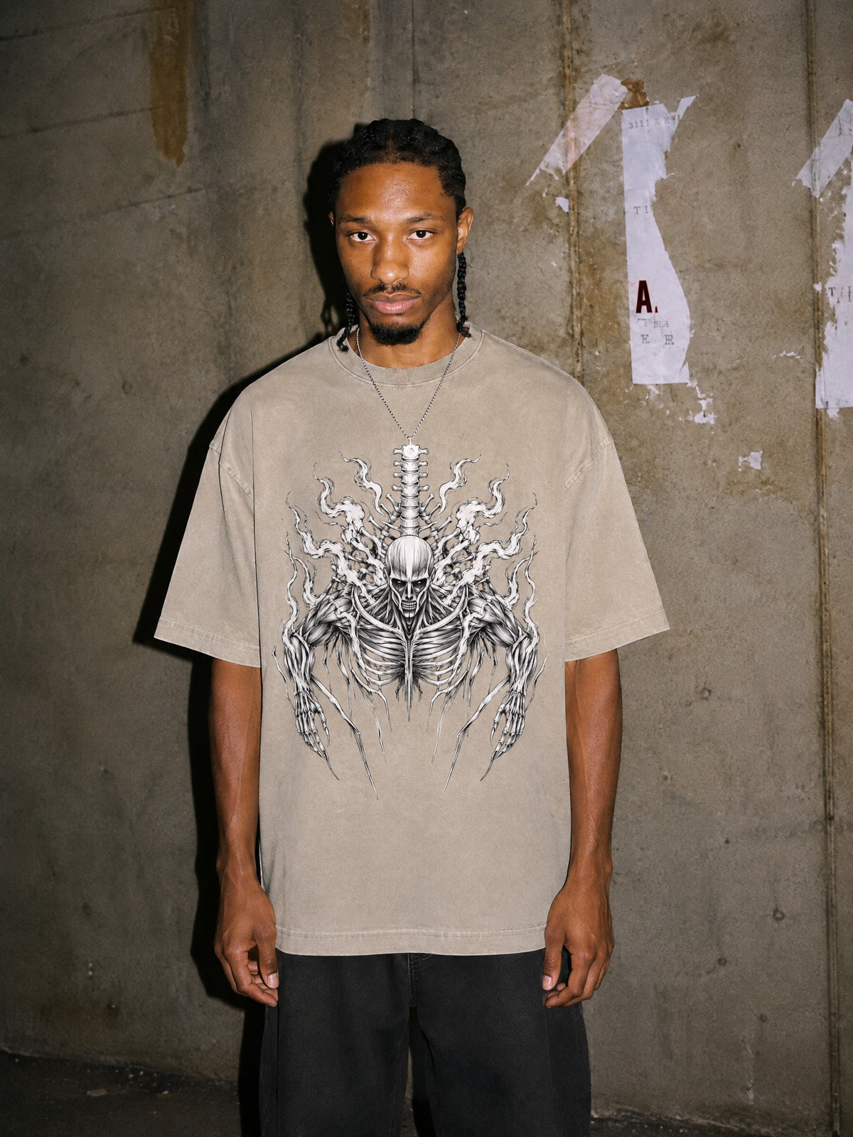 AOT ✦ Colossal Spine Storm Beige Vintage Tee by Torazen, worn on model