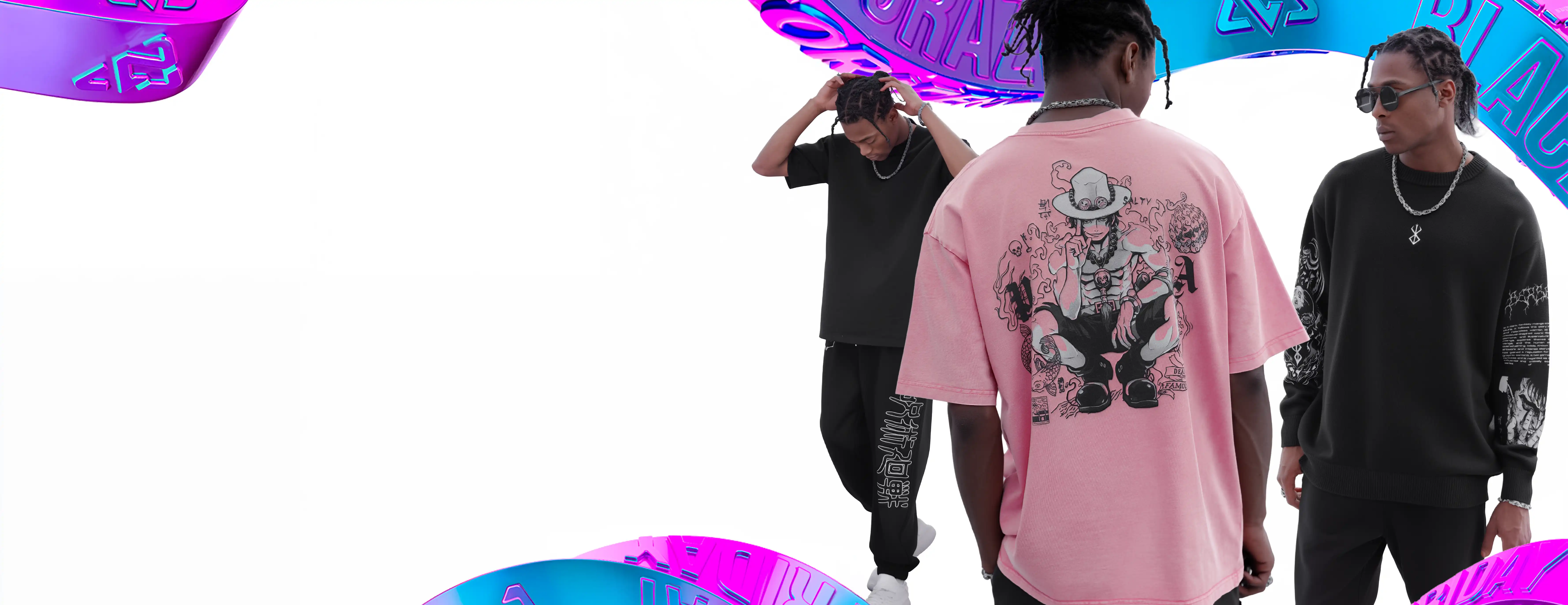 Two men wearing vintage washed anime inspired streetwear graphic tees from Torazen, showcasing bold back design and relaxed streetwear fit.