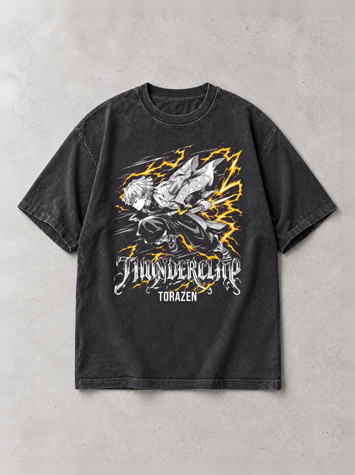 Thunderclap Script Vintage Tee - Demon Slayer-inspired design by Torazen, front view