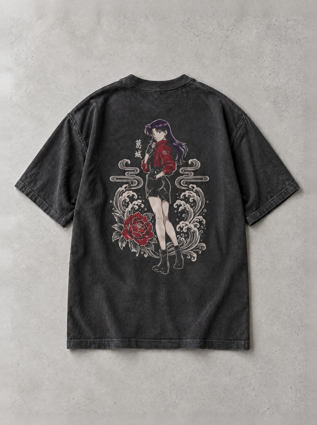 Misato's Cross Vintage Tee - Evangelion-inspired design by Torazen, back view