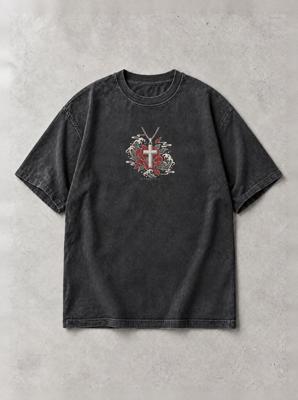 Misato's Cross Vintage Tee by Torazen, front view