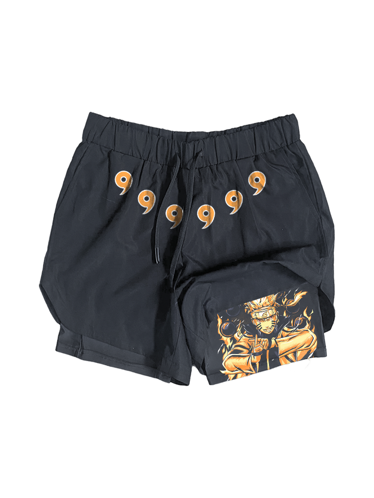 A shorts with anime-inspired design, blending manga shonen style with modern streetwear aesthetic.