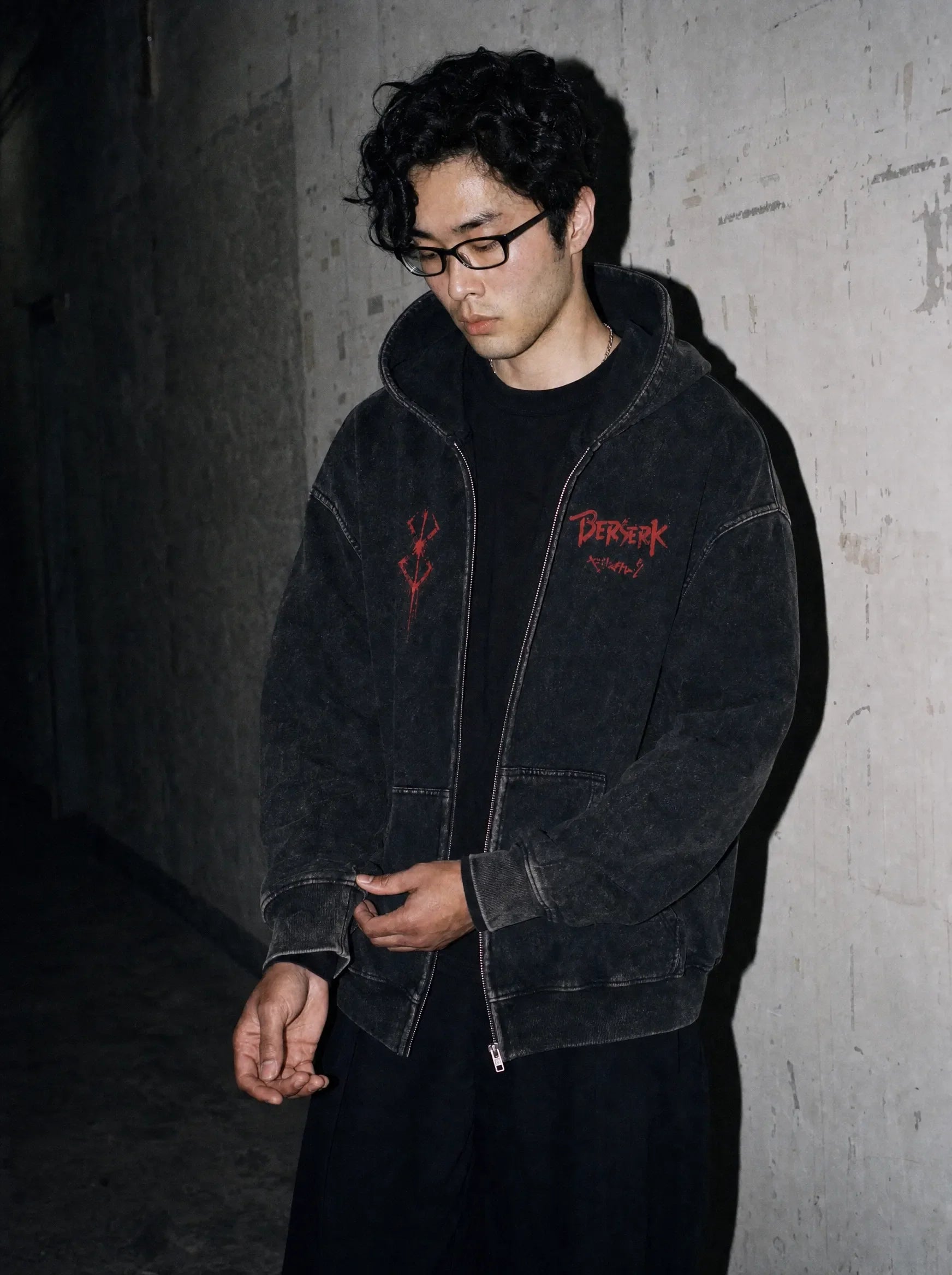 BSRK ✦ Dark Eclipse Zip Up Vintage Hoodie - model wearing