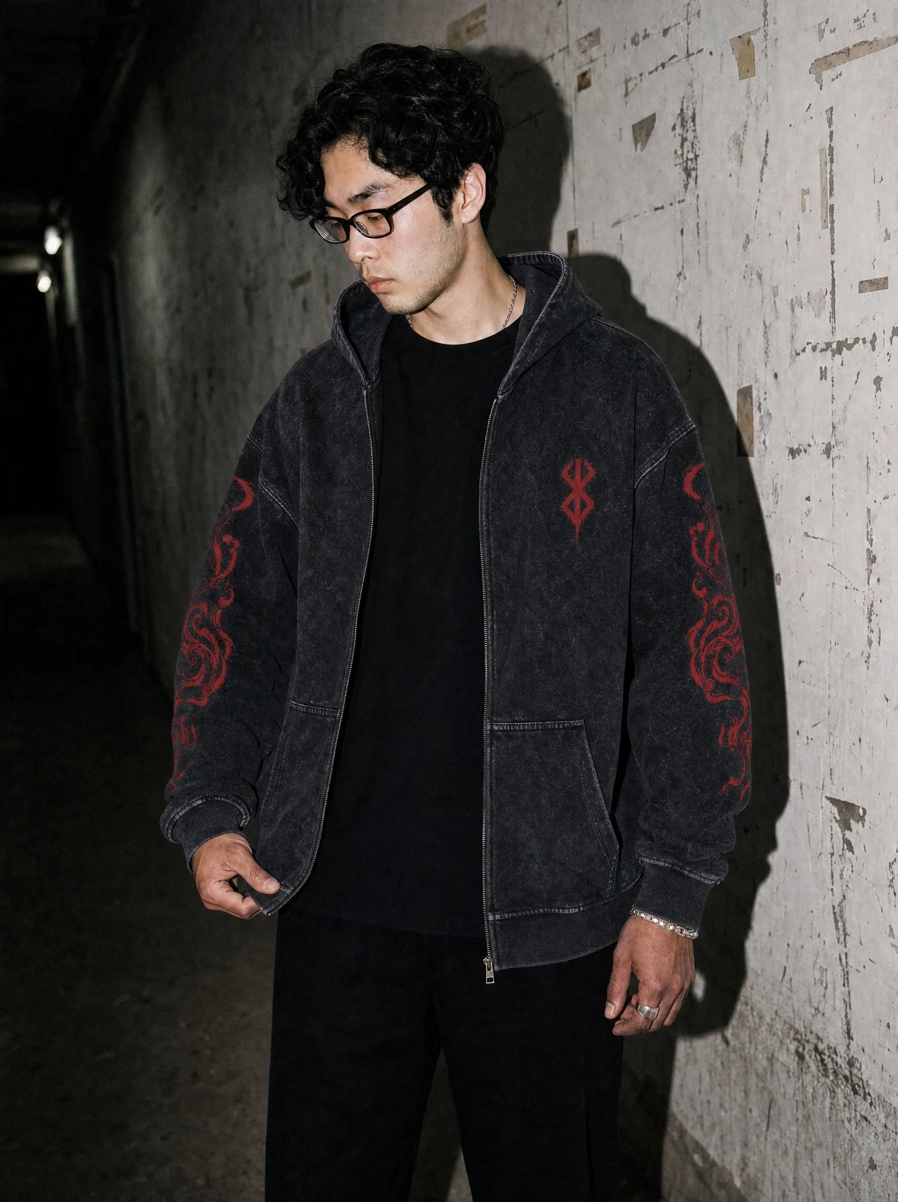 BSRK ✦ Sacrifice Zip Up Vintage Hoodie - model wearing