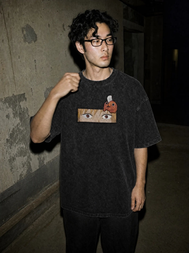 CSM ✦ Chainsaw Fiend x Pochita Embroidery Tee on-model PDP image