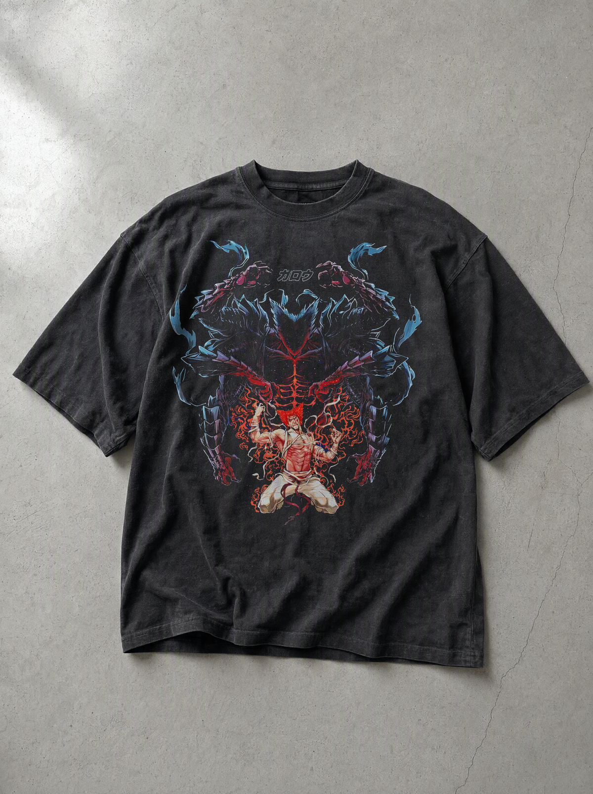 Flat lay of OPM ✦ Hero Hunter Garou Vintage Tee on concrete
