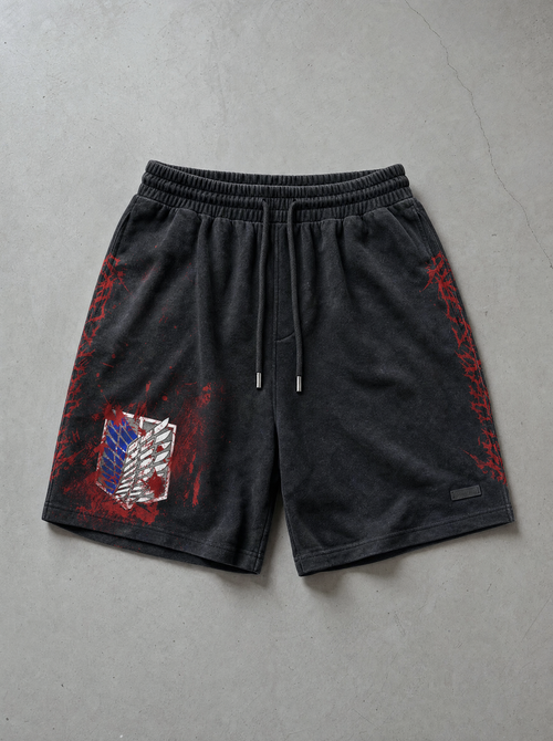 Flat lay of AOT ✦ AOT Bloodshed Shorts on concrete