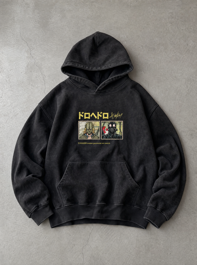 Sorcerer Hunt Vintage Hoodie - front flat lay on concrete, vintage-washed vintage hoodie