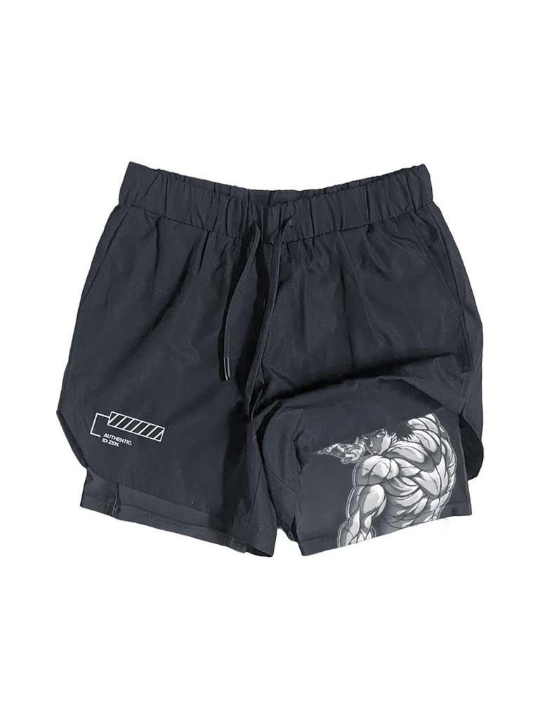 A shorts with anime-inspired design, blending manga shonen style with modern streetwear aesthetic.
