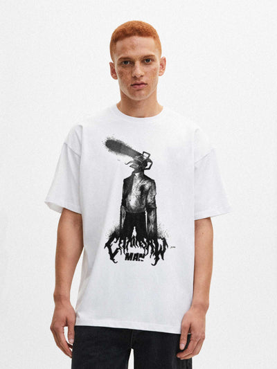 anime-inspired tee with chainsaw fiend bloodthirst tee design
