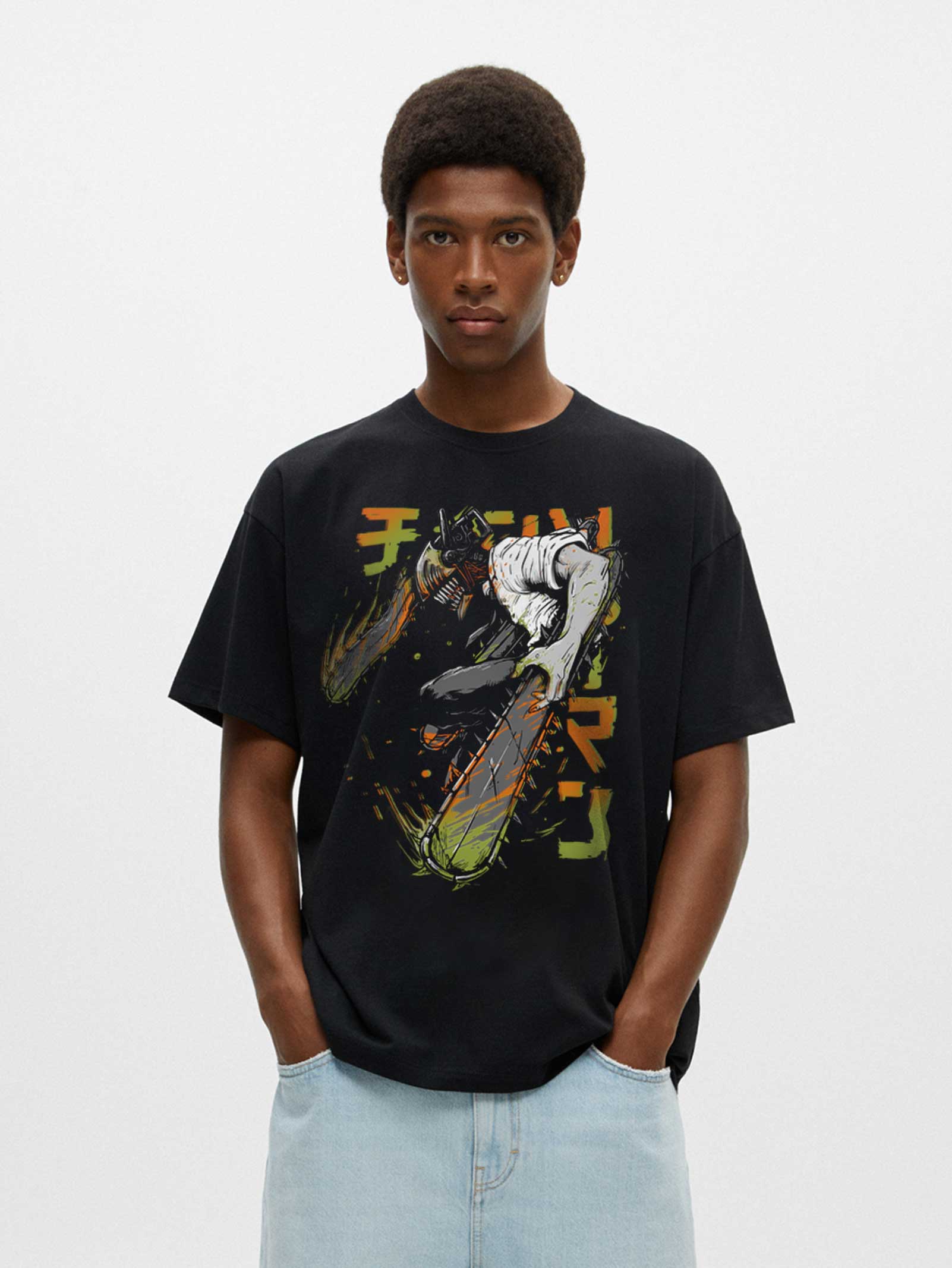 A t-shirt with anime-inspired design, blending manga shonen style with modern streetwear aesthetic.