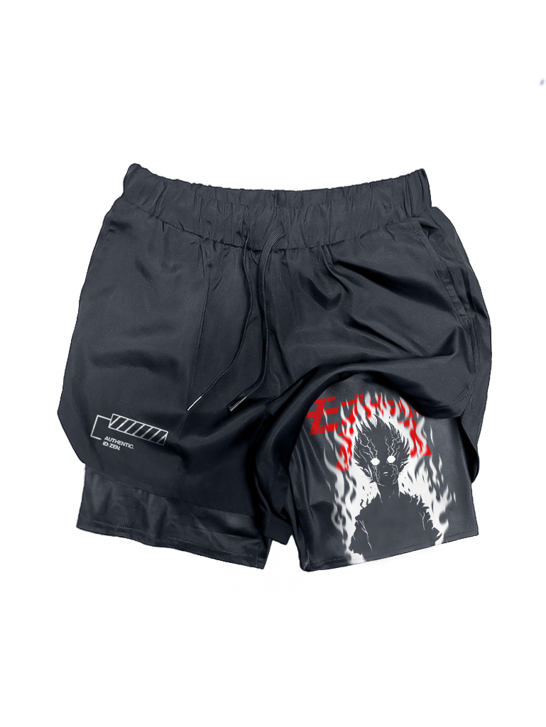 A shorts with anime-inspired design, blending manga shonen style with modern streetwear aesthetic.