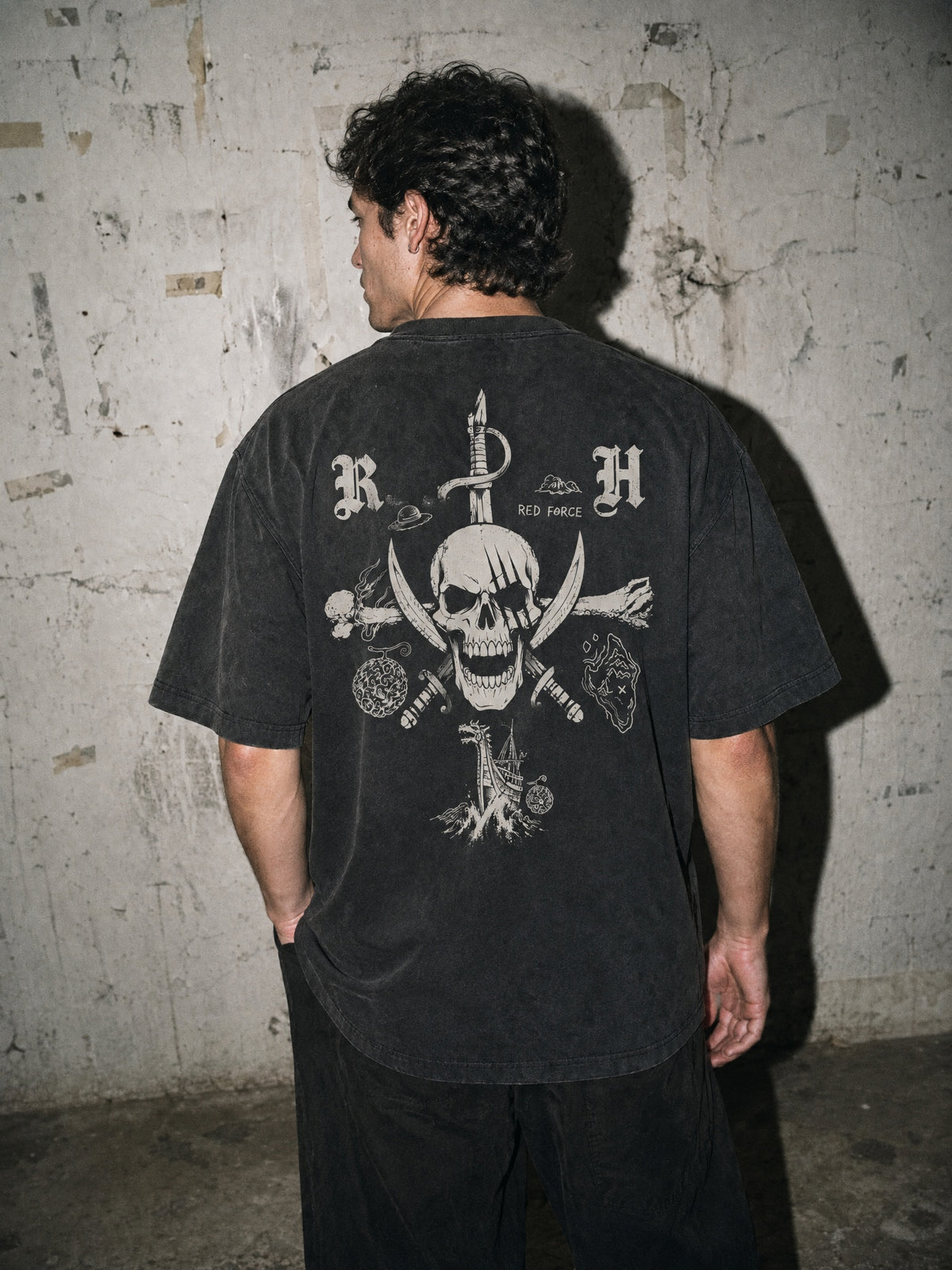 Red Force Crossbones vintage tee, back print on model