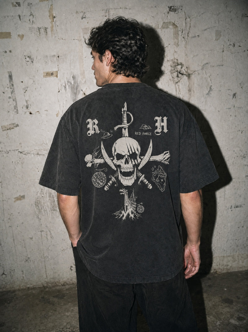 Red Force Crossbones vintage tee, back print on model