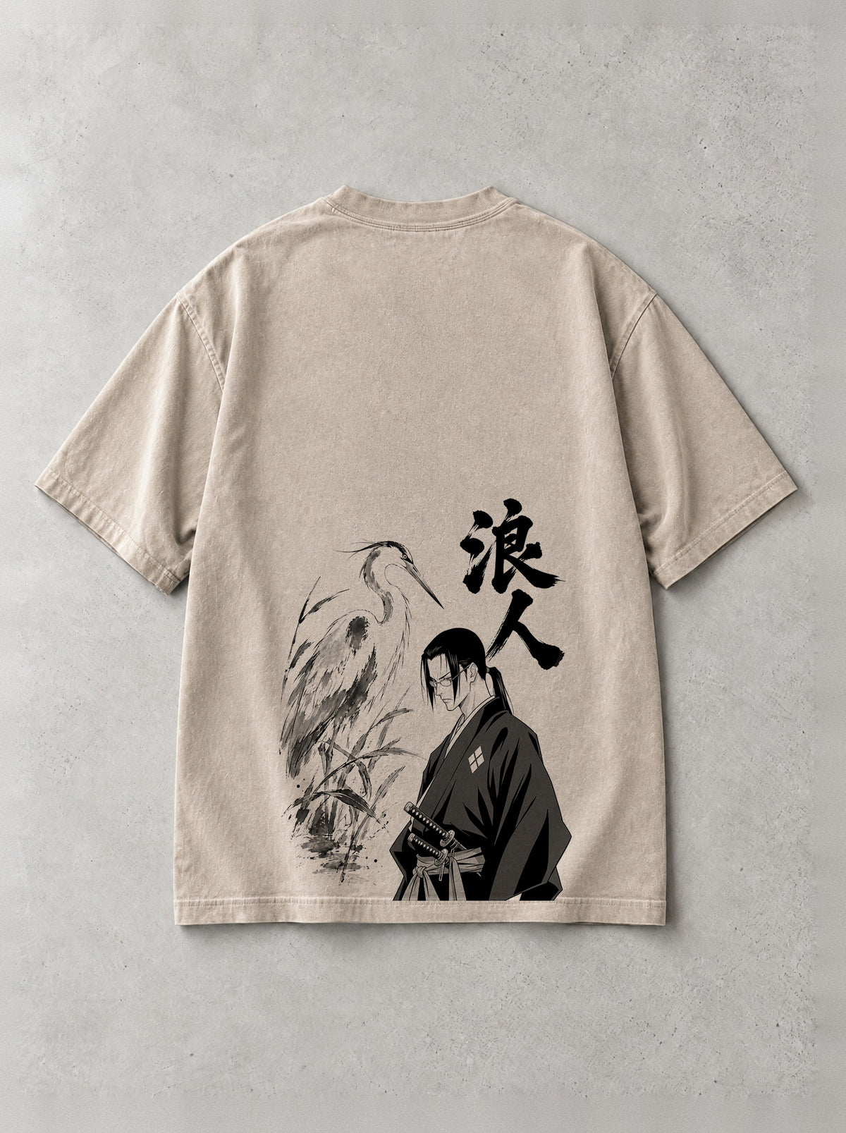Wandering Ronin Heron Vintage Tee - Samurai Champloo-inspired design by Torazen, back view