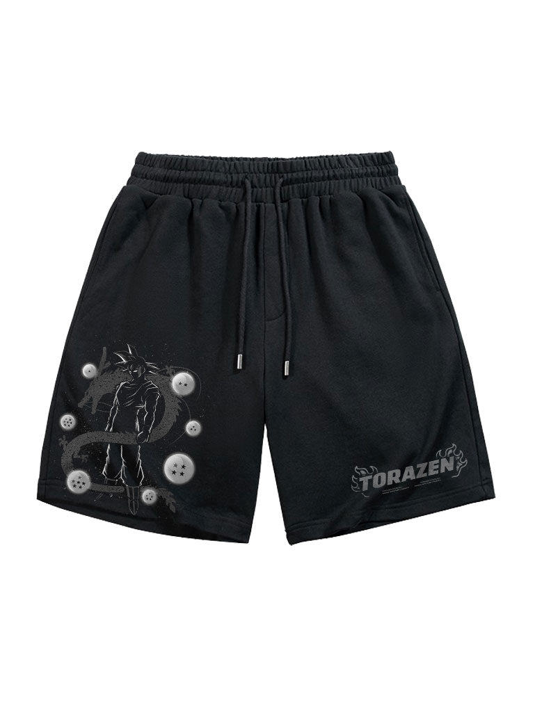A shorts with anime-inspired design, blending manga shonen style with modern streetwear aesthetic.