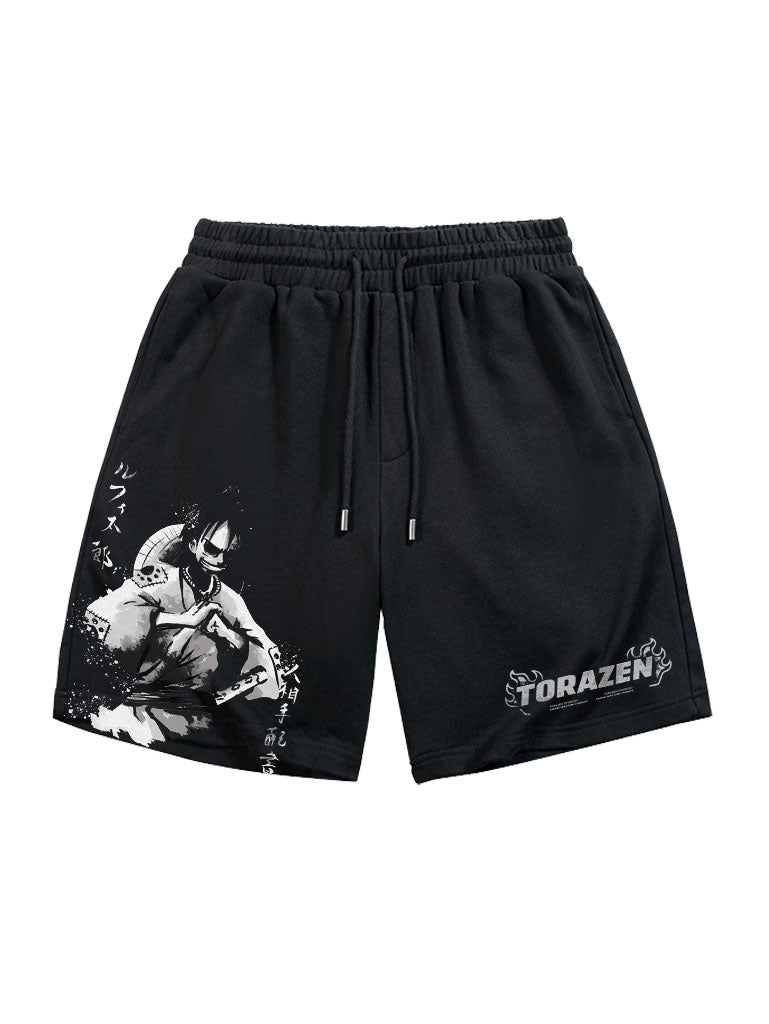 A shorts with anime-inspired design, blending manga shonen style with modern streetwear aesthetic.