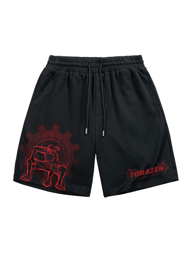 A shorts with anime-inspired design, blending manga shonen style with modern streetwear aesthetic.