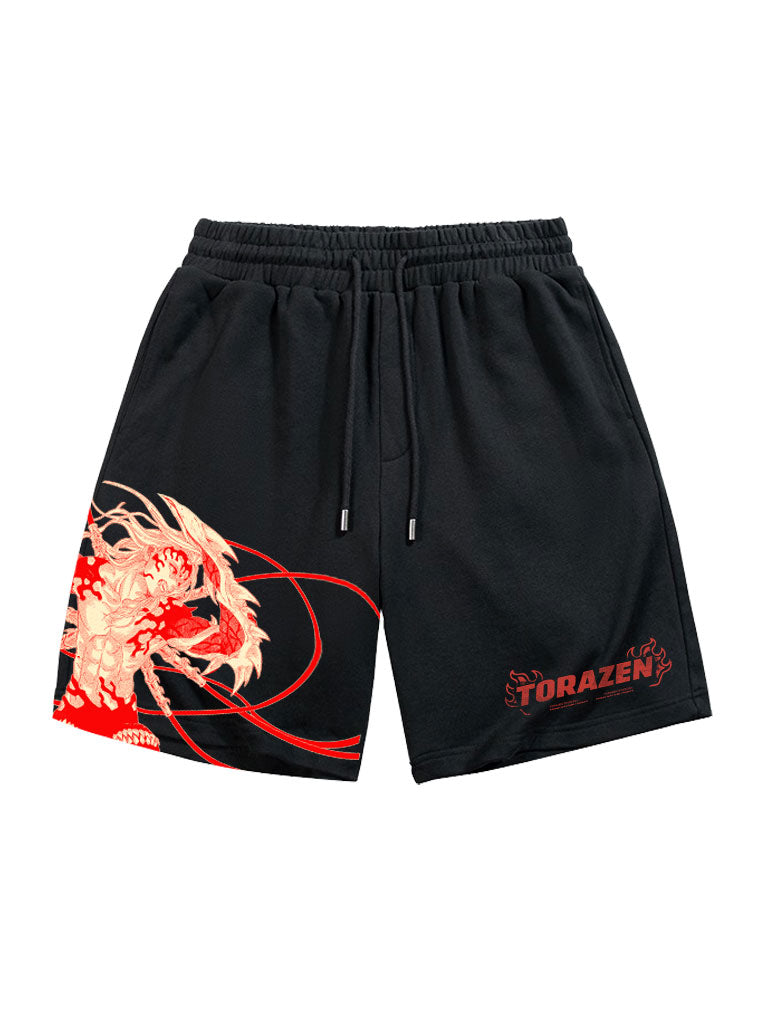 A shorts with anime-inspired design, blending manga shonen style with modern streetwear aesthetic.