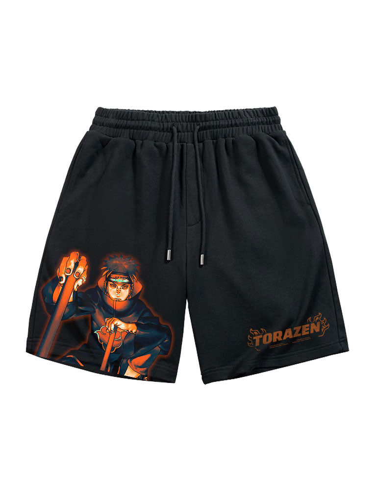 A shorts with anime-inspired design, blending manga shonen style with modern streetwear aesthetic.