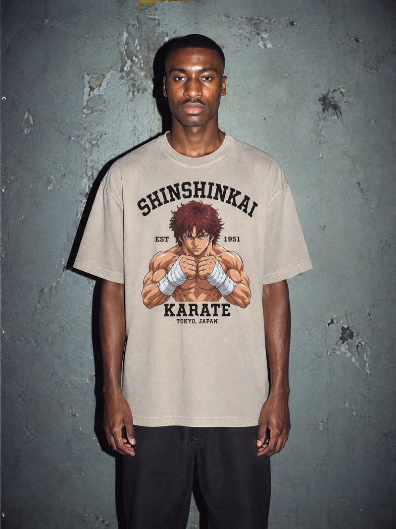 BAKI ✦ Karate Dojo Crest Vintage Tee by Torazen, worn on model
