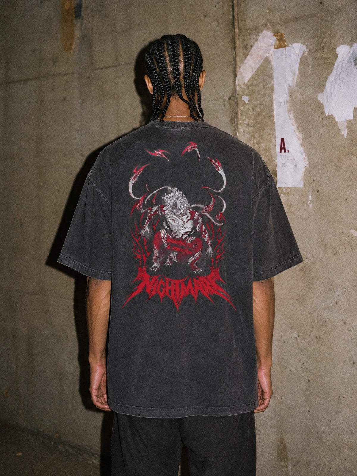 D-SLYR ✦ Nightmare Immortality Vintage Tee – Black by Torazen, worn on model