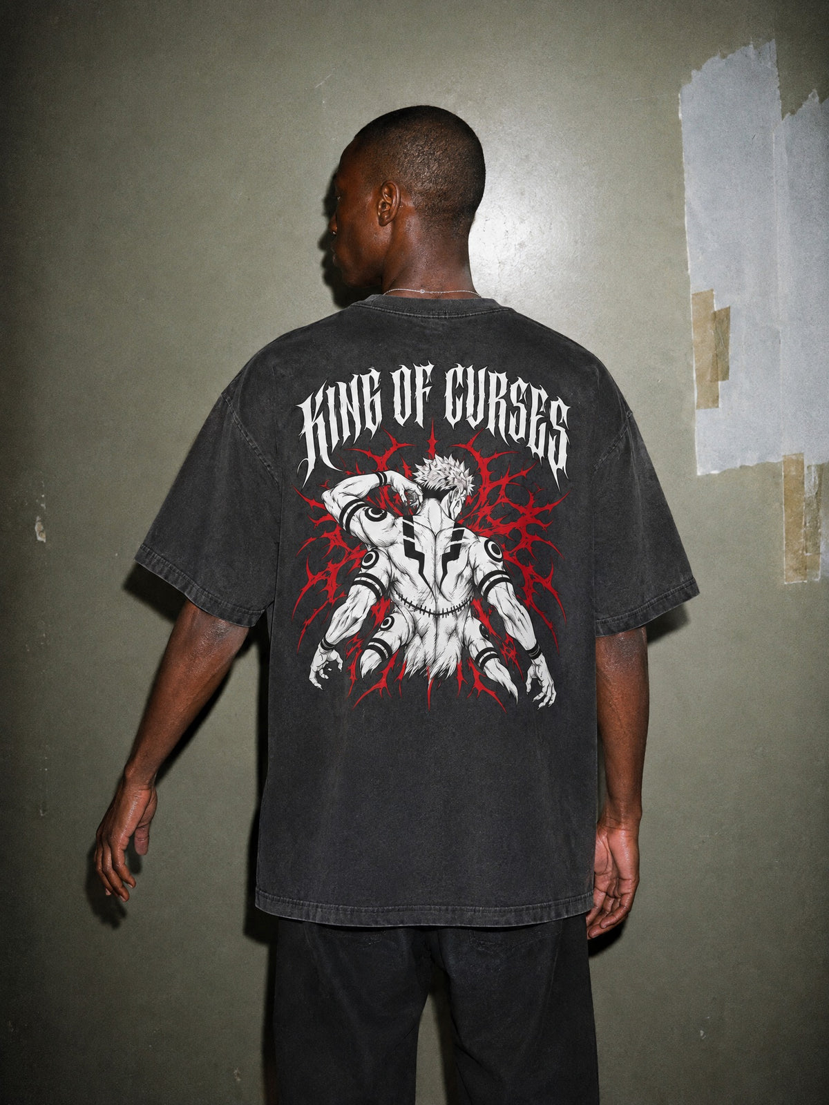 JJK ✦ King Of Curses Script Vintage Tee by Torazen, worn on model