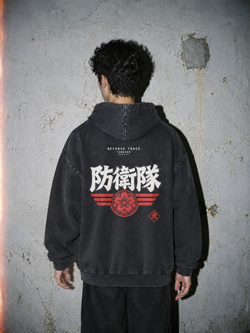 KJ-8 ✦ Defense Force Vintage Hoodie by Torazen, worn on model