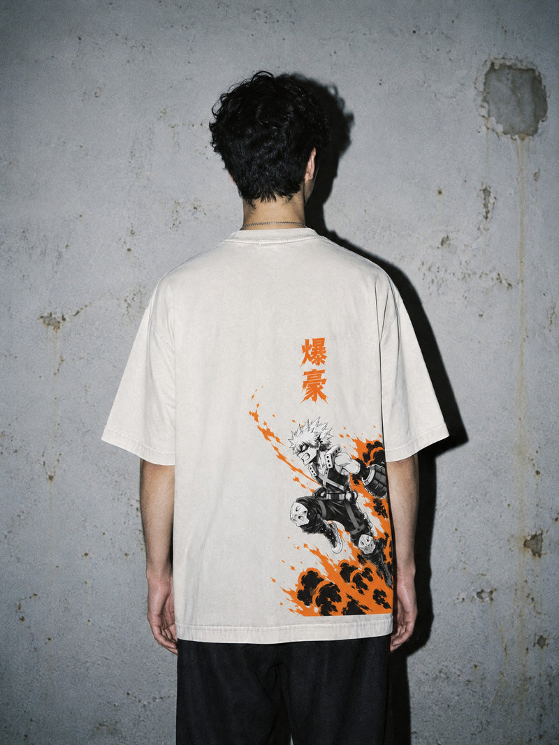 MHA ✦ Explosion Kanji Leap Vintage Tee by Torazen, worn on model