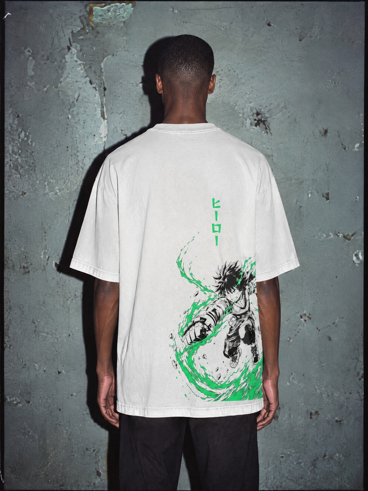 MHA ✦ Green Spark Smash Vintage Tee by Torazen, worn on model