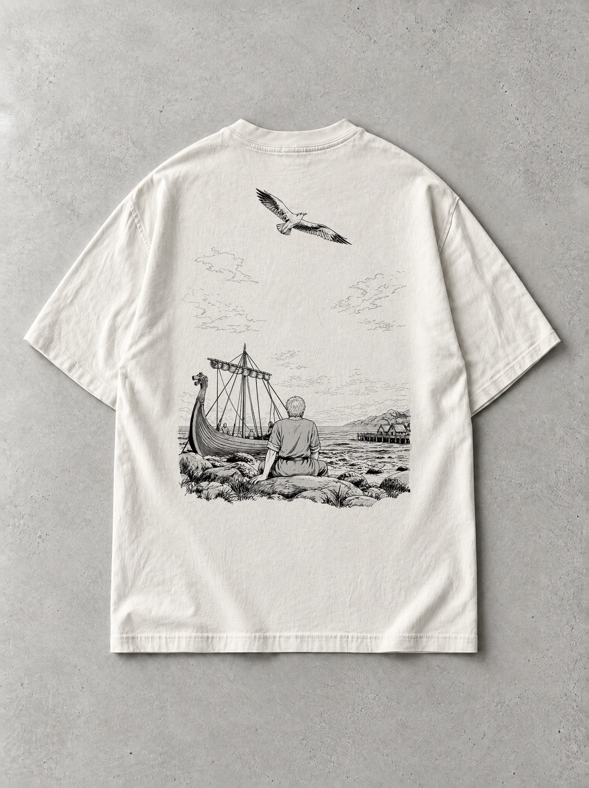 Longship Shore Vintage Tee - Vinland Saga-inspired design by Torazen, back view