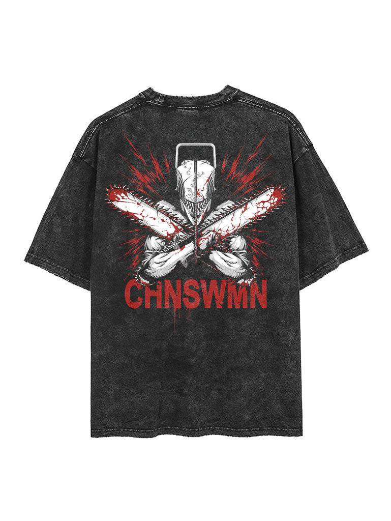 anime-inspired tee with chainsaw fiend violence 2-sided vintage tee design
