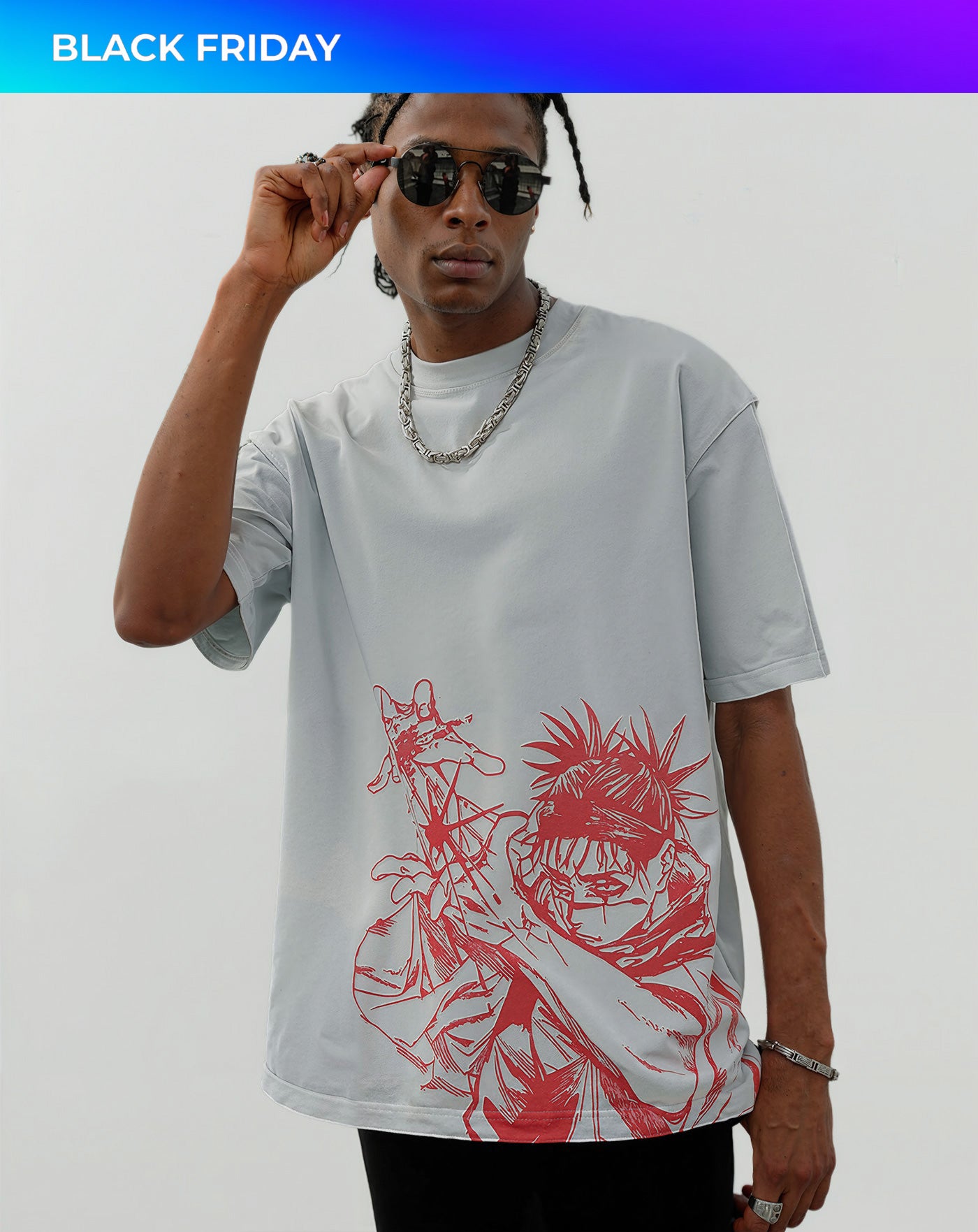 Man wearing a light grey anime-inspired streetwear t-shirt with bold red front graphic design, relaxed oversized fit from Torazen’s Piercing Blood 2-Sided Vintage Tee.