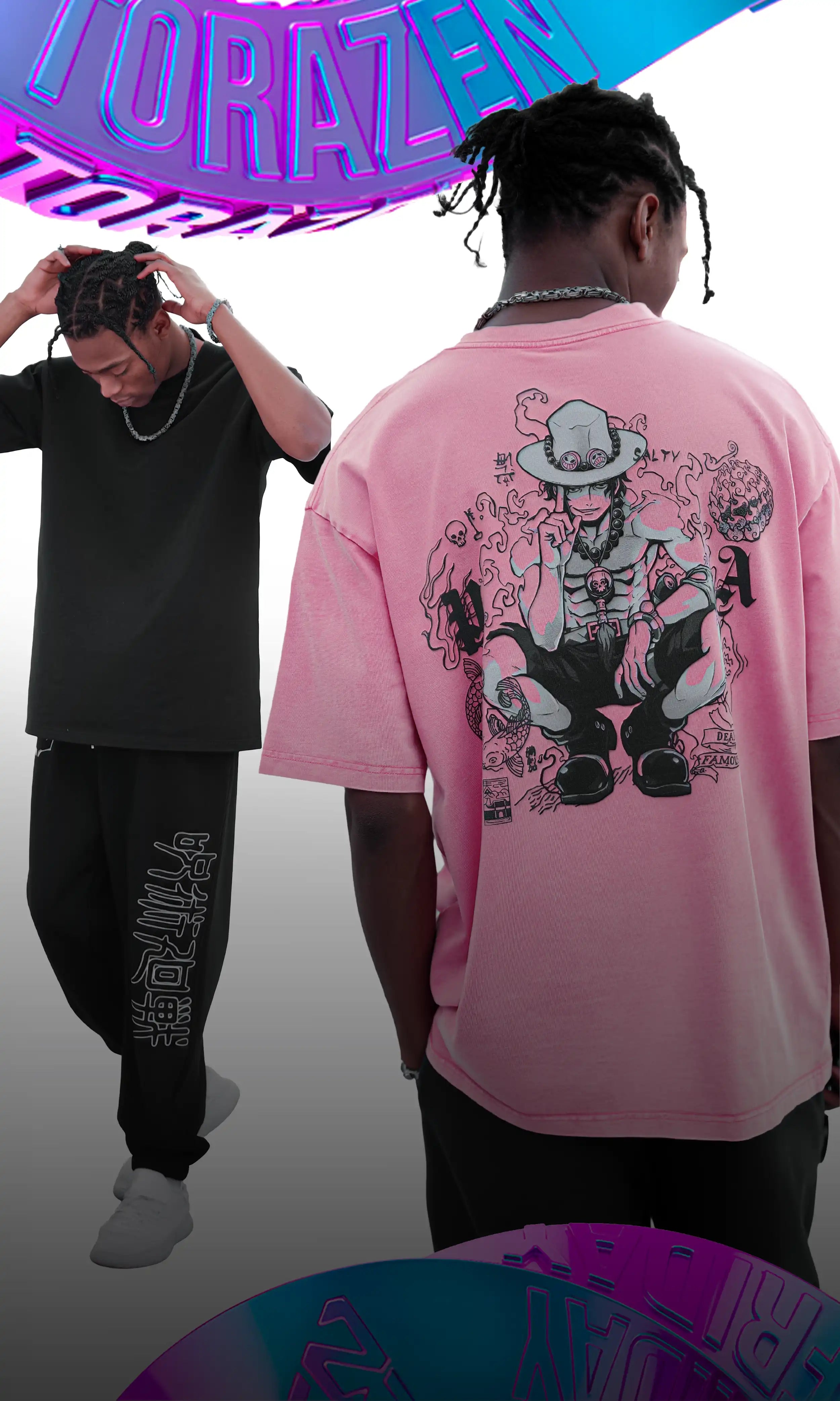 Man wearing a black vintage washed anime-inspired streetwear t-shirt featuring a detailed green and gold character illustration on the front, relaxed oversized fit from Torazen’s Energy in Every Last Thread collection.